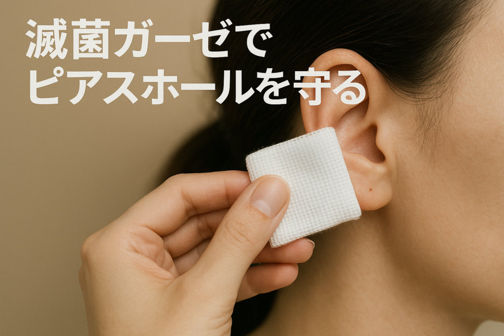 滅菌ガーゼでピアスホールを守る