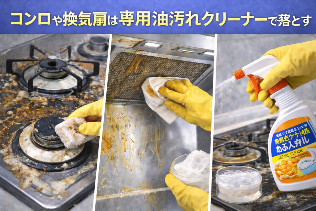 コンロや換気扇は専用油汚れクリーナーで落とす